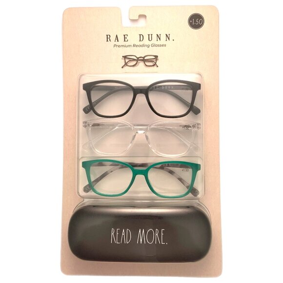 NEW Rae Dunn Set of 3 Premium Reading Glasses & Case Green Black Clear Read More